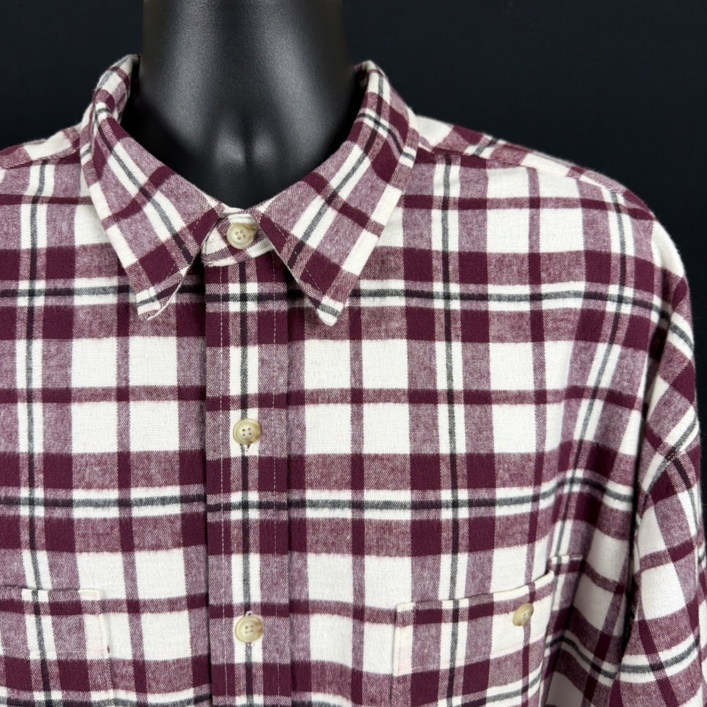 VTG Eddie Bauer XXL Heavyweight Twill Flannel 100% Cotton Burgundy/Cream Plaid